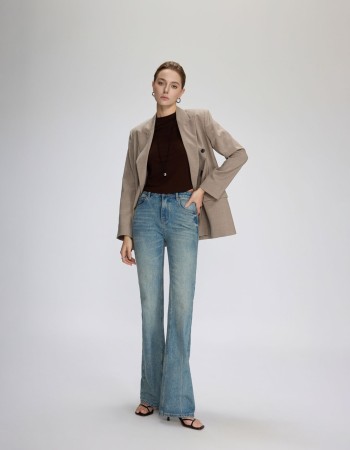 Seluar Jeans Wanita Potongan 'Bootcut', Pinggang Tinggi, Warna Denim Cerah (Gaya Klasik)