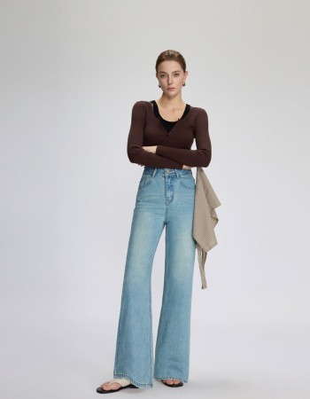 Seluar Jeans Wanita Potongan 'Bootcut' Berpinggang Tinggi, Denim 'Flare' Longgar dengan Warna Pudar Cerah