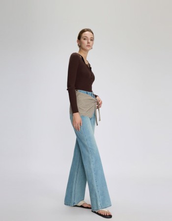 Seluar Jeans Wanita Potongan 'Bootcut' Berpinggang Tinggi, Denim 'Flare' Longgar dengan Warna Pudar Cerah