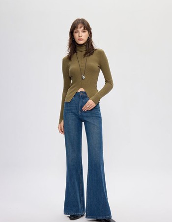 Seluar Jeans Wanita Potongan 'Flare' Berpinggang Tinggi (Warna Gelap), Denim Lyocell dengan Regangan 4 Arah