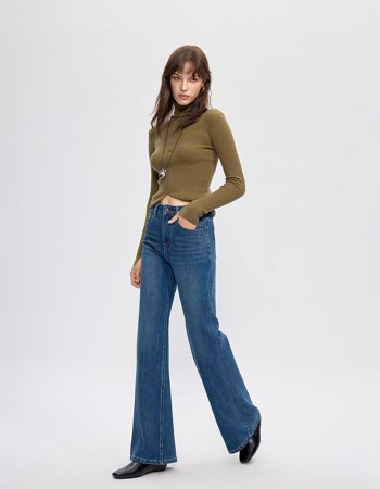 Seluar Jeans Wanita Potongan 'Flare' Berpinggang Tinggi (Warna Gelap), Denim Lyocell dengan Regangan 4 Arah