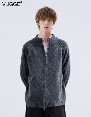 Vintage Deconstructed Spliced Mock Neck Cardigan – Men's Relaxed Fit Half-Zip Knit Sweater | Minimalist Slouchy Winter 2025 Essential