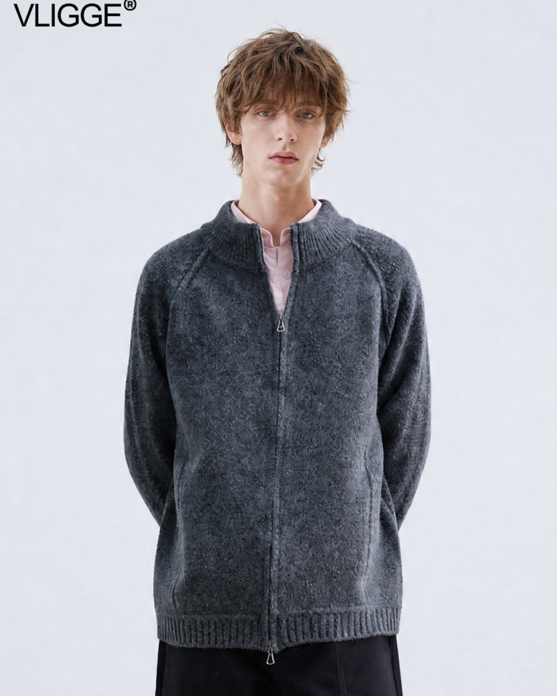 Vintage Deconstructed Spliced Mock Neck Cardigan – Men's Relaxed Fit Half-Zip Knit Sweater | Minimalist Slouchy Winter 2025 Essential