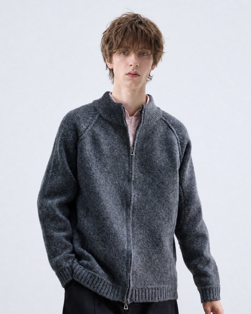 Vintage Deconstructed Spliced Mock Neck Cardigan – Men's Relaxed Fit Half-Zip Knit Sweater | Minimalist Slouchy Winter 2025 Essential
