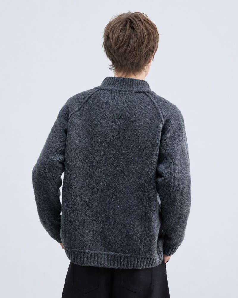 Vintage Deconstructed Spliced Mock Neck Cardigan – Men's Relaxed Fit Half-Zip Knit Sweater | Minimalist Slouchy Winter 2025 Essential
