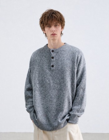 Henry Collar Sweater Unisex Loose-Fit Pullover Knit Jumper, Vintage Casual Warm Knit Top