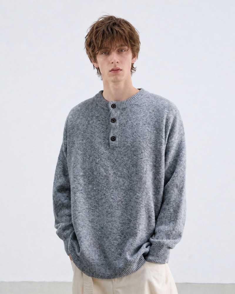 Henry Collar Sweater Unisex Loose-Fit Pullover Knit Jumper, Vintage Casual Warm Knit Top