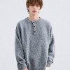Henry Collar Sweater Unisex Loose-Fit Pullover Knit Jumper, Vintage Casual Warm Knit Top