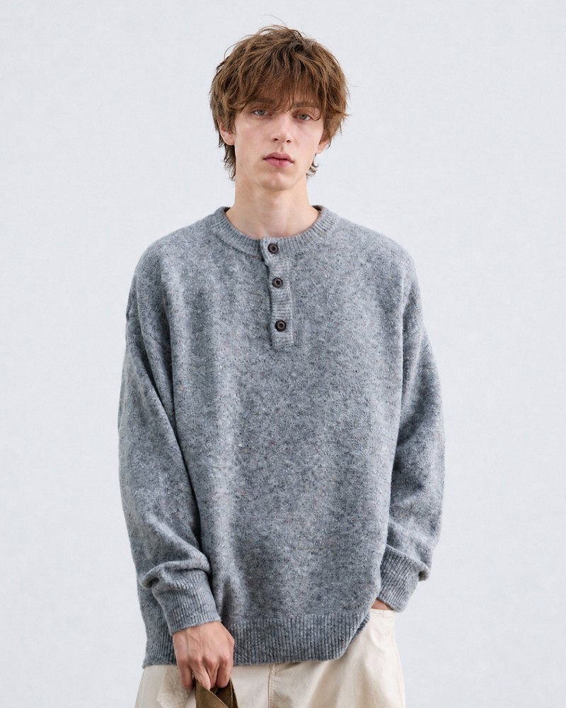 Henry Collar Sweater Unisex Loose-Fit Pullover Knit Jumper, Vintage Casual Warm Knit Top
