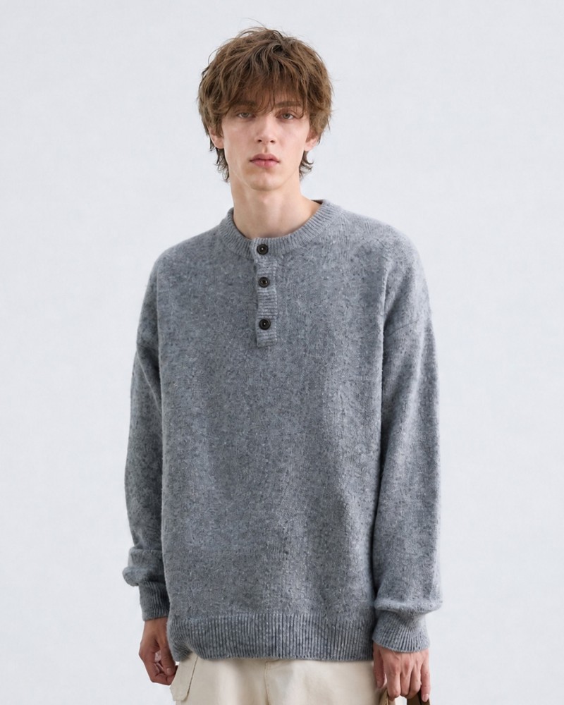 Henry Collar Sweater Unisex Loose-Fit Pullover Knit Jumper, Vintage Casual Warm Knit Top