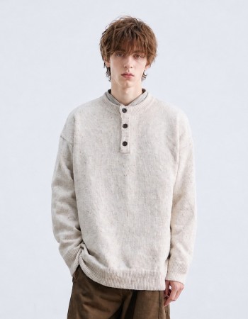 Henry Collar Sweater Unisex Loose-Fit Pullover Knit Jumper, Vintage Casual Warm Knit Top