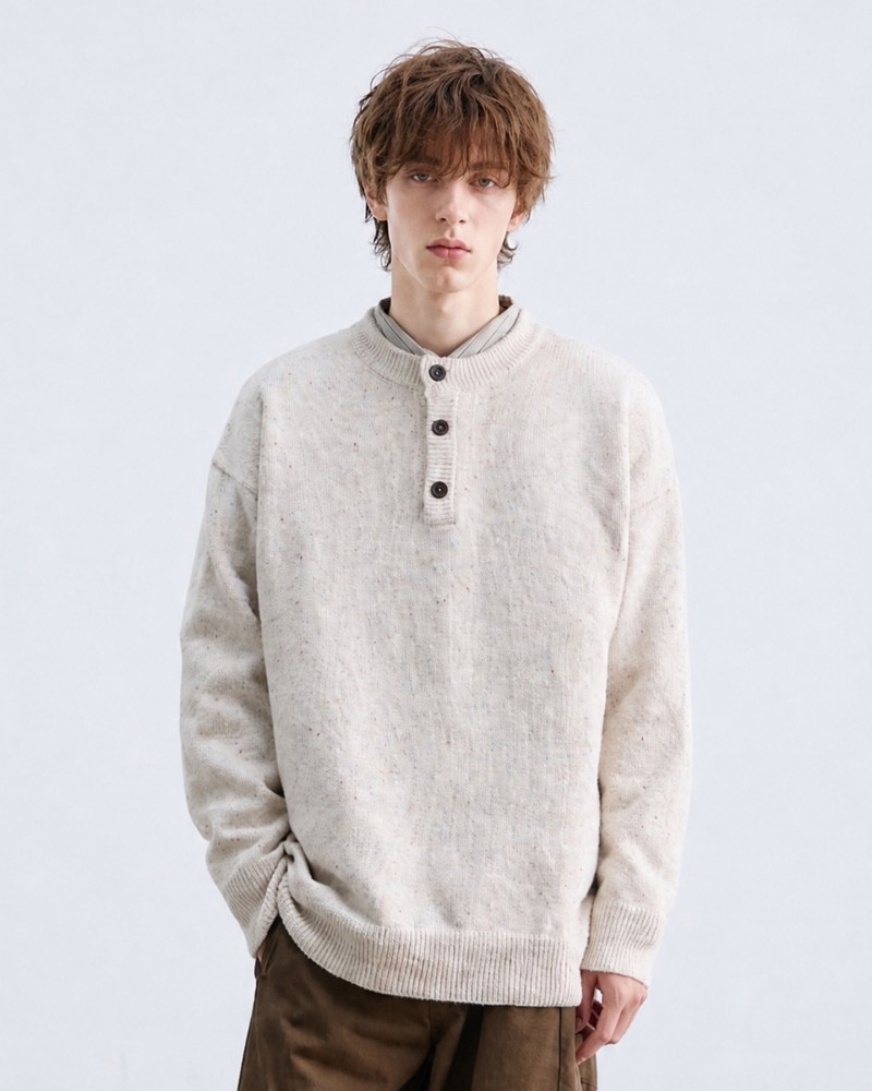 Henry Collar Sweater Unisex Loose-Fit Pullover Knit Jumper, Vintage Casual Warm Knit Top