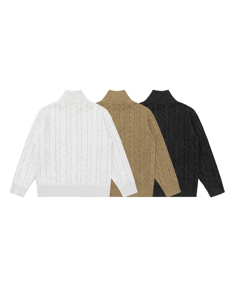 Unisex Stand Collar Sweater- Heavyweight Wool-Blend Cable Knit Zip-Up Cardigan