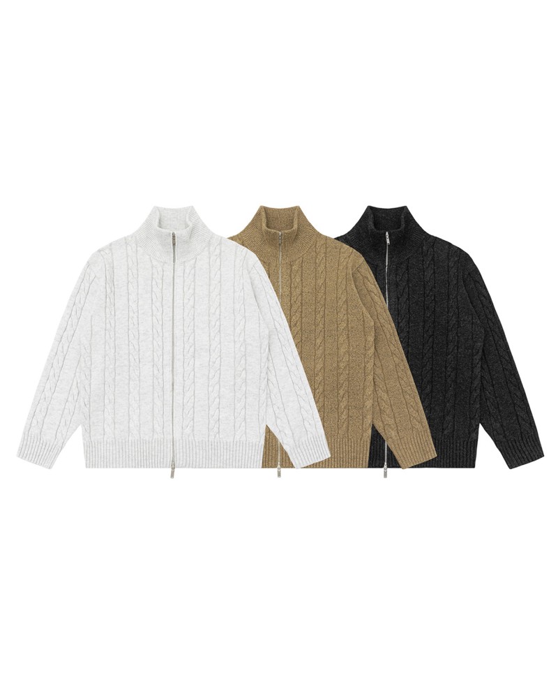 Unisex Stand Collar Sweater- Heavyweight Wool-Blend Cable Knit Zip-Up Cardigan