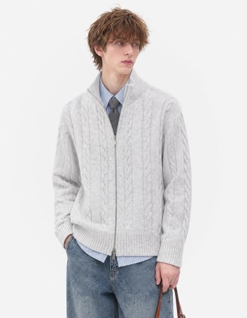Unisex Stand Collar Sweater- Heavyweight Wool-Blend Cable Knit Zip-Up Cardigan