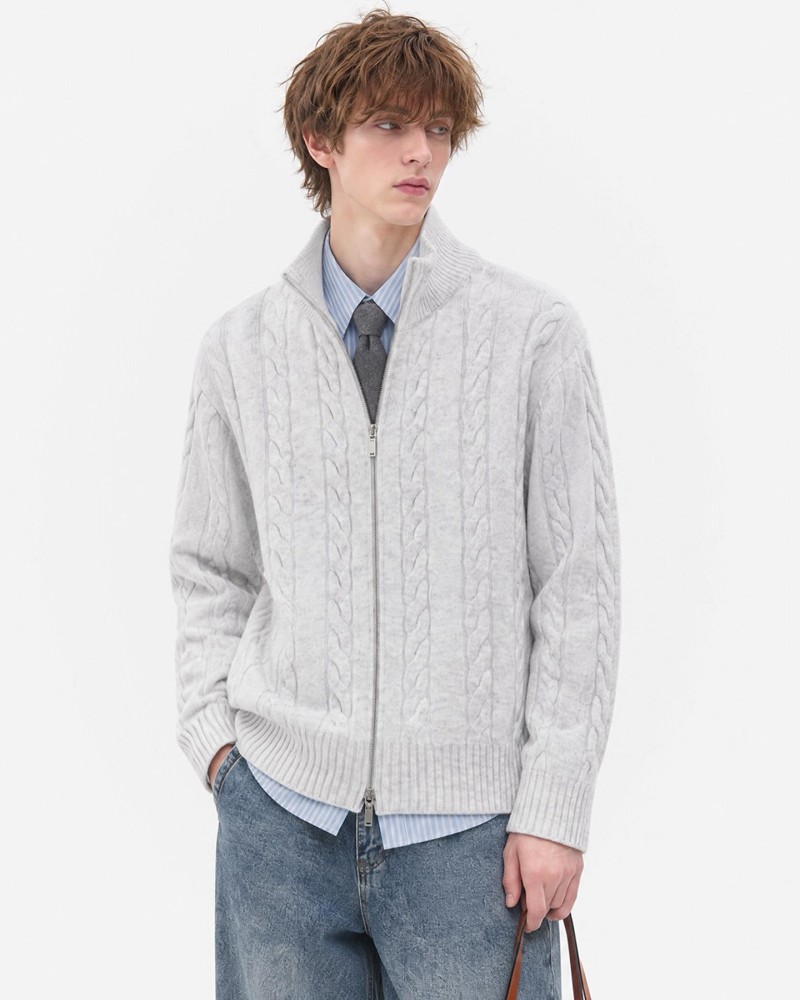 Unisex Stand Collar Sweater- Heavyweight Wool-Blend Cable Knit Zip-Up Cardigan