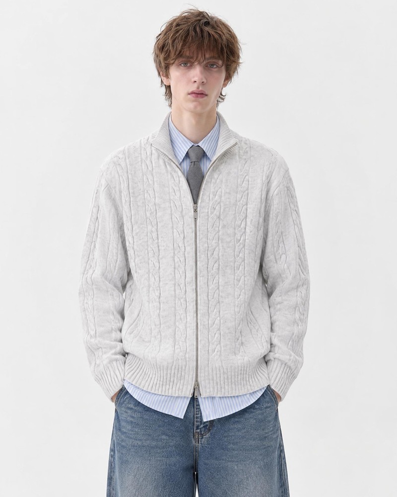 Unisex Stand Collar Sweater- Heavyweight Wool-Blend Cable Knit Zip-Up Cardigan