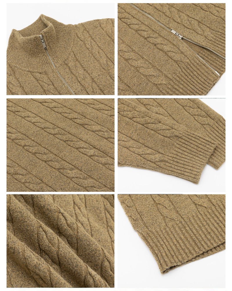 Unisex Stand Collar Sweater- Heavyweight Wool-Blend Cable Knit Zip-Up Cardigan