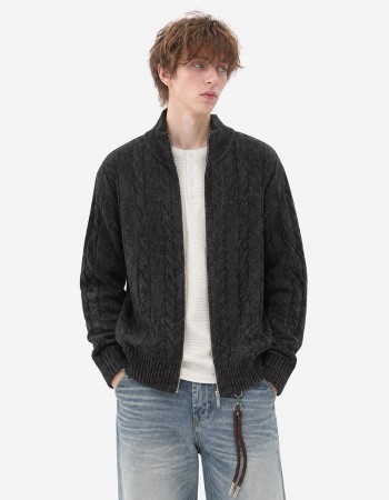 Unisex Stand Collar Sweater- Heavyweight Wool-Blend Cable Knit Zip-Up Cardigan
