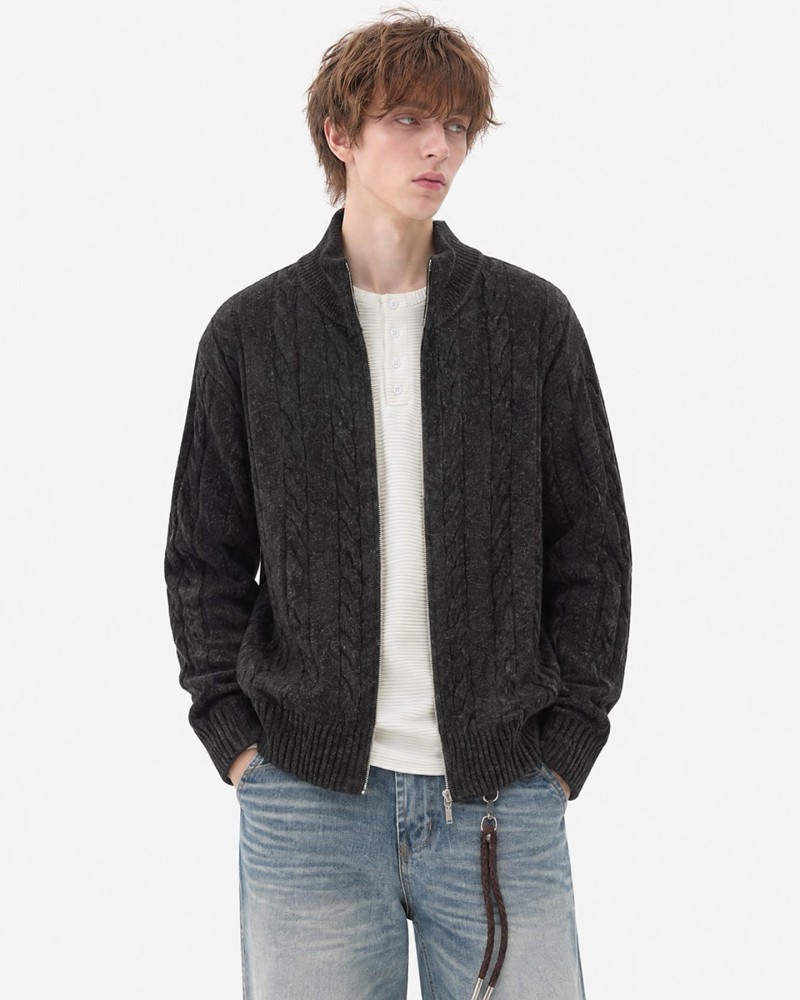 Unisex Stand Collar Sweater- Heavyweight Wool-Blend Cable Knit Zip-Up Cardigan