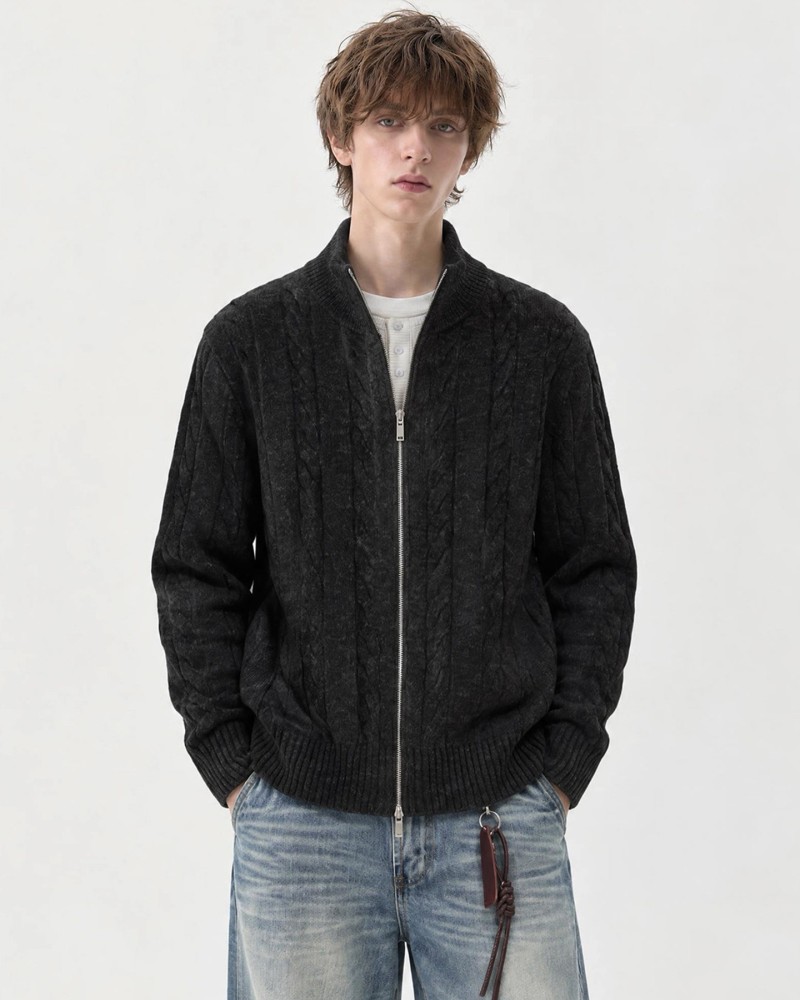Unisex Stand Collar Sweater- Heavyweight Wool-Blend Cable Knit Zip-Up Cardigan