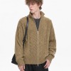 Unisex Stand Collar Sweater- Heavyweight Wool-Blend Cable Knit Zip-Up Cardigan