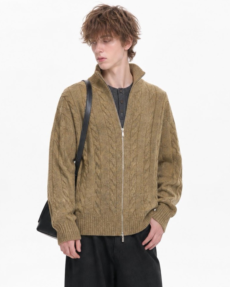 Unisex Stand Collar Sweater- Heavyweight Wool-Blend Cable Knit Zip-Up Cardigan
