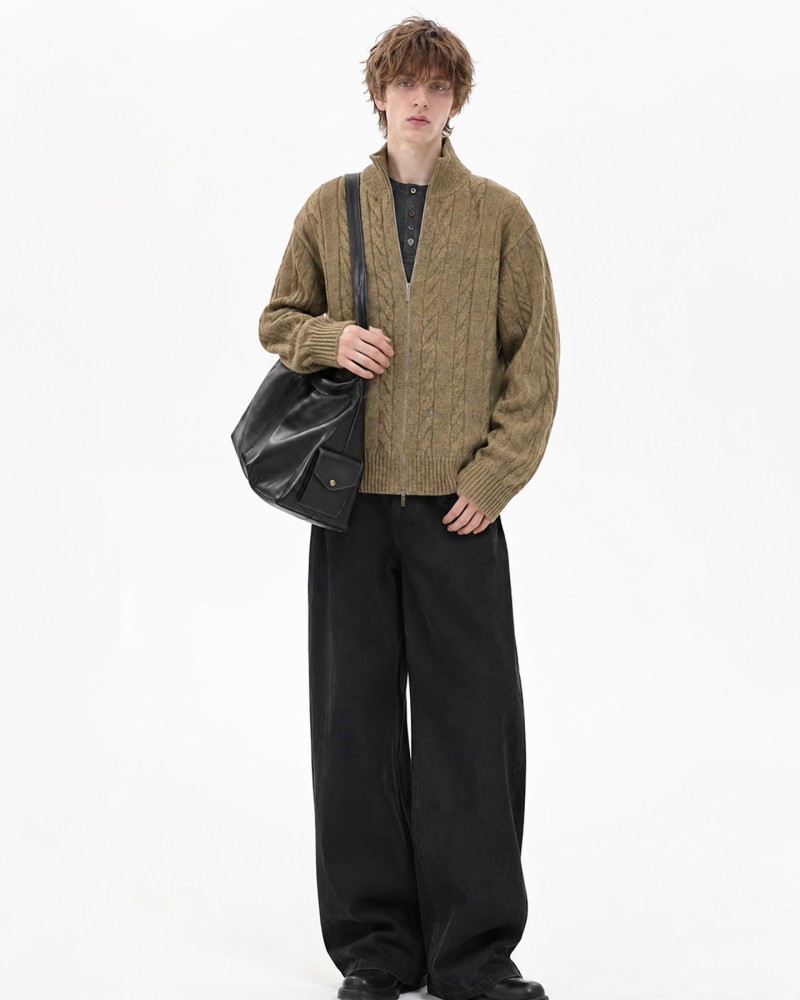 Unisex Stand Collar Sweater- Heavyweight Wool-Blend Cable Knit Zip-Up Cardigan