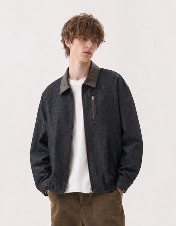 Unisex Vintage Workwear Jacket—Contrast Collar Denim Bomber