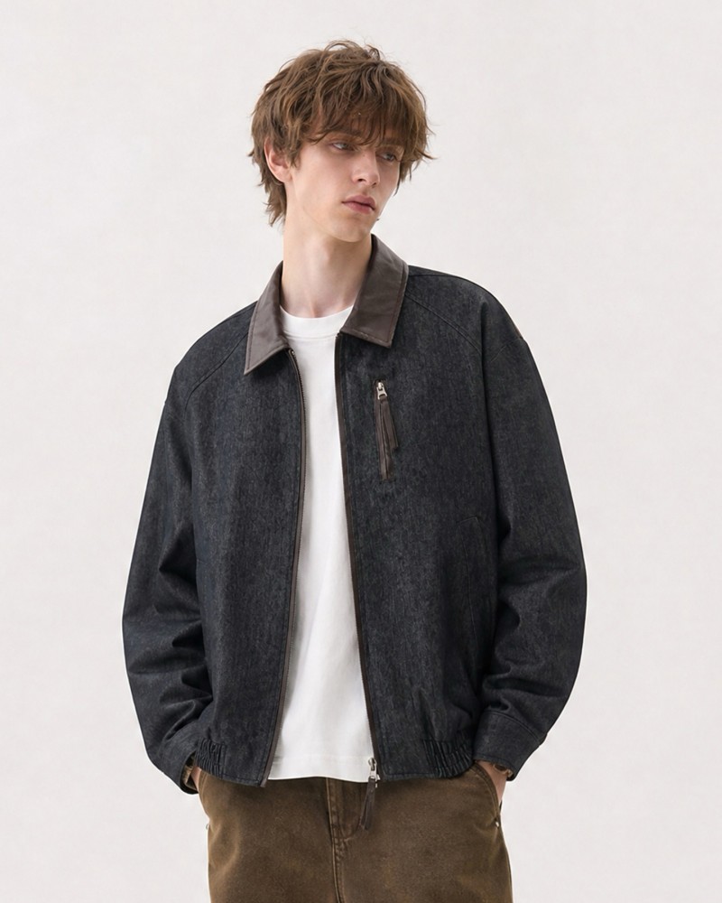 Unisex Vintage Workwear Jacket—Contrast Collar Denim Bomber