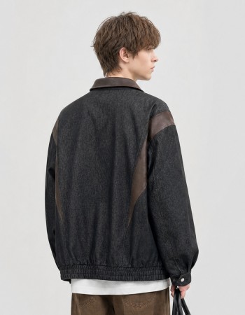 Unisex Vintage Workwear Jacket—Contrast Collar Denim Bomber