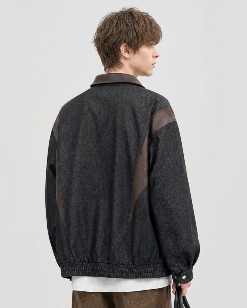Unisex Vintage Workwear Jacket—Contrast Collar Denim Bomber