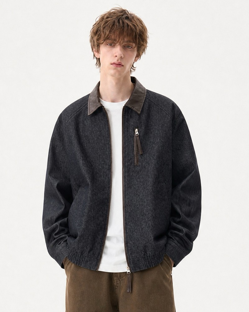 Unisex Vintage Workwear Jacket—Contrast Collar Denim Bomber
