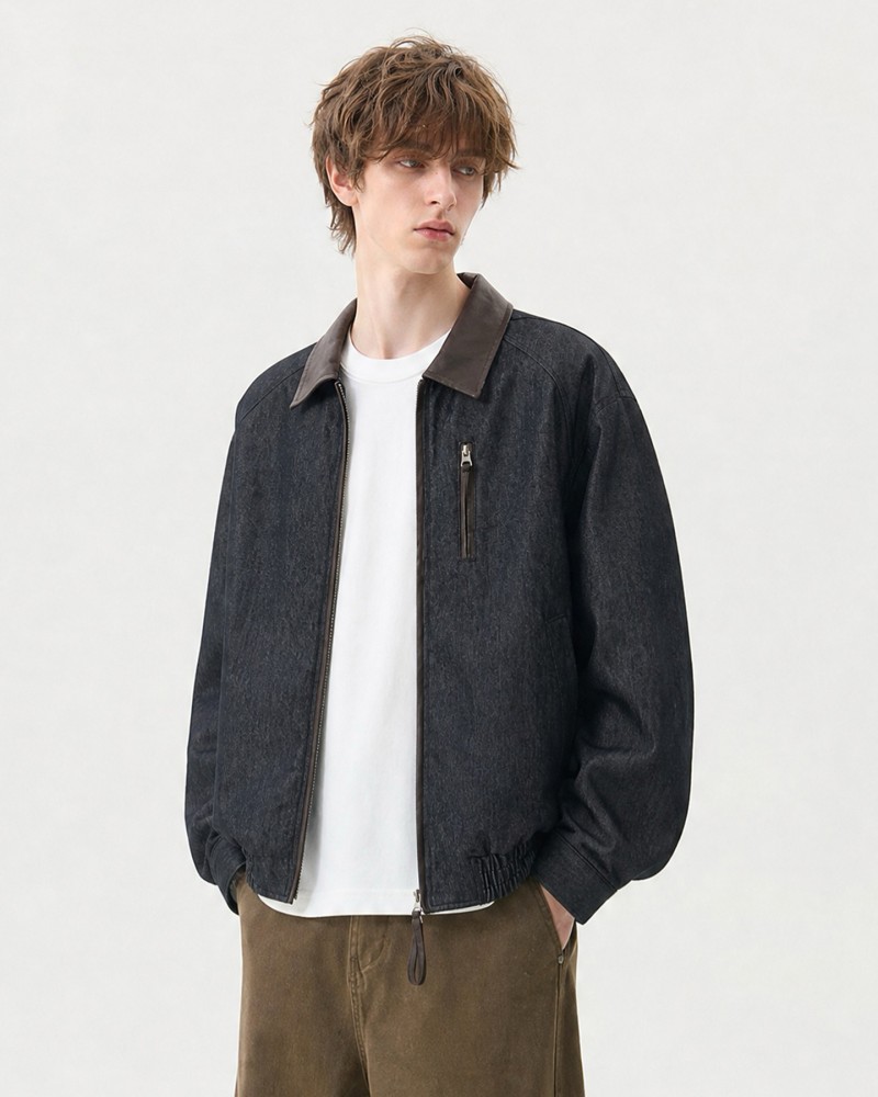 Unisex Vintage Workwear Jacket—Contrast Collar Denim Bomber