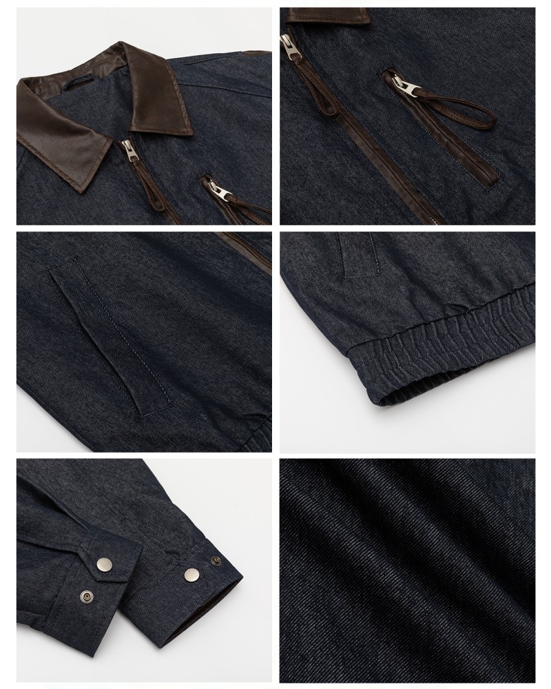 Unisex Vintage Workwear Jacket—Contrast Collar Denim Bomber